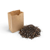 Brown paper bag filled with Syngonium potting mix on a white background