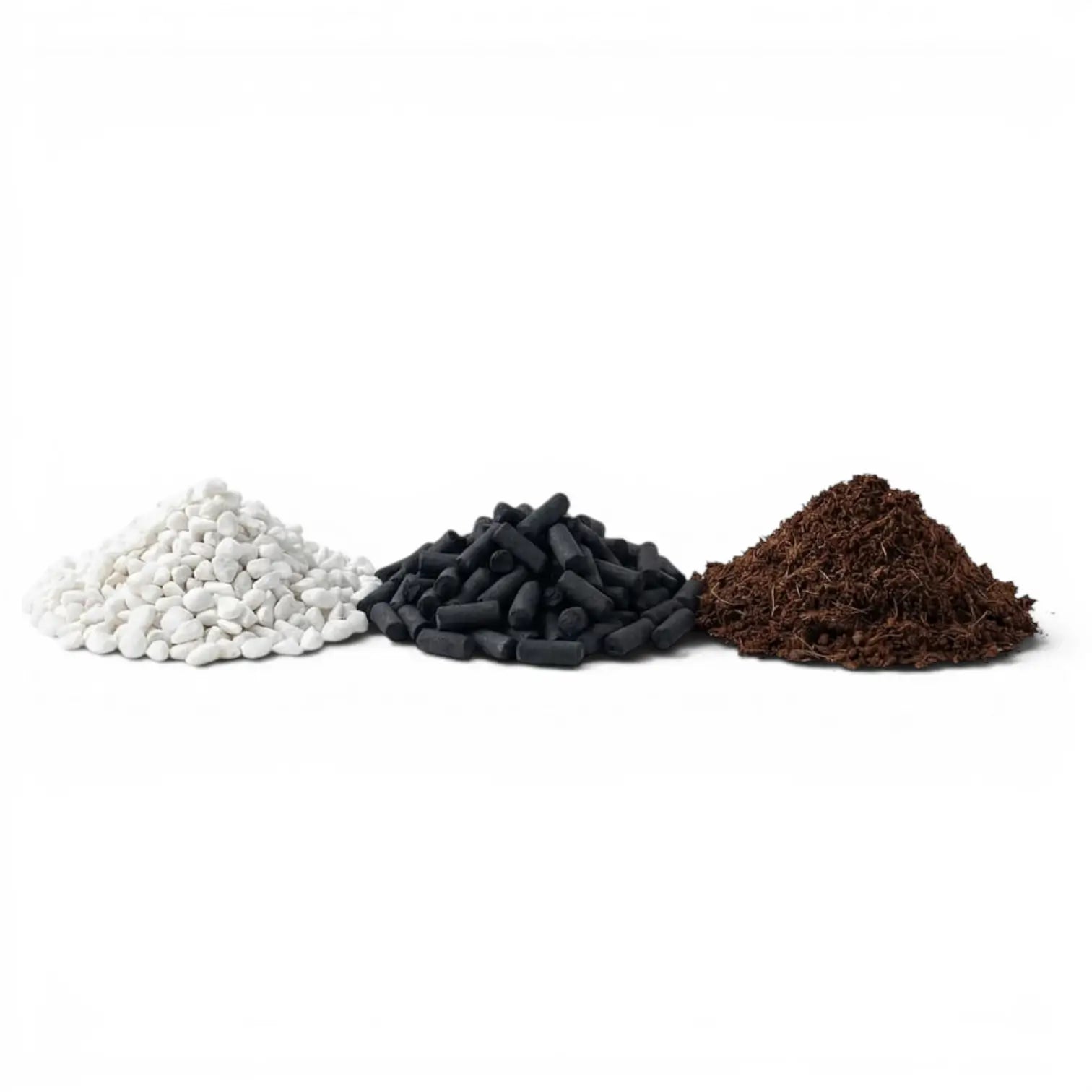 Three  piles of different terarrium substrate layers - activated carbon pellets, white gravel stones and coconut coir soil on a white background