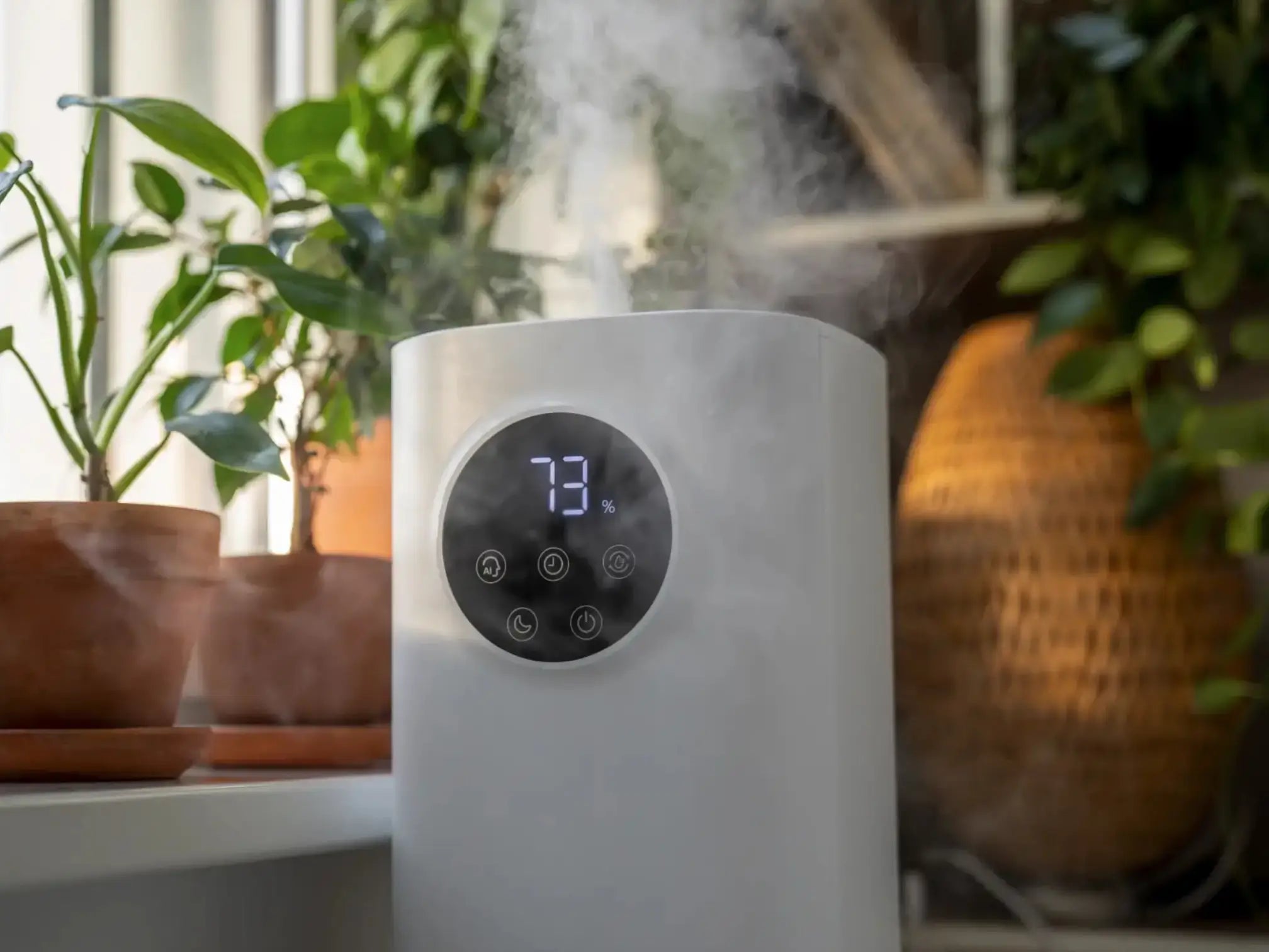 White humidifier emitting steam in a room with plants.