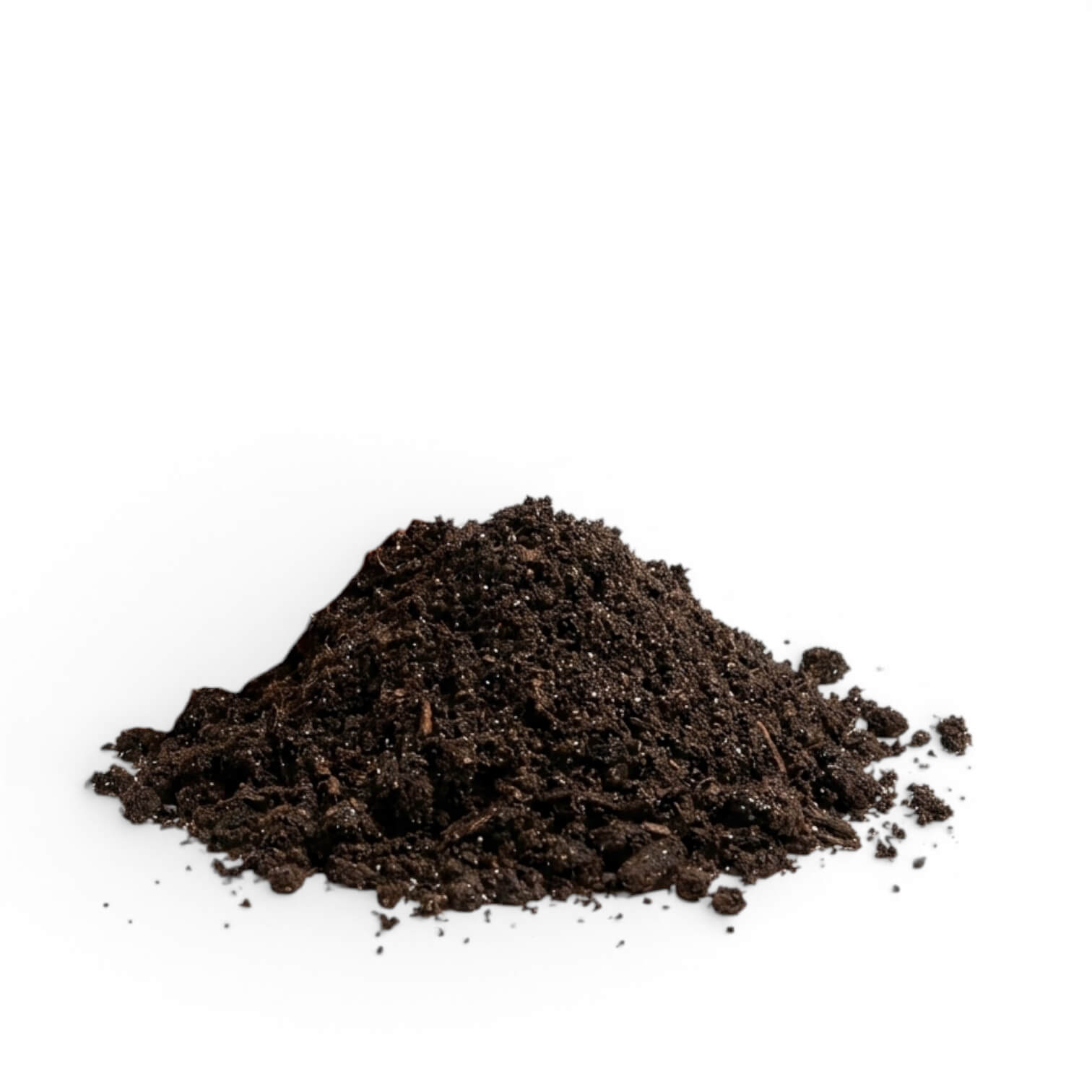 Pile of dark brown worm castings on a white background
